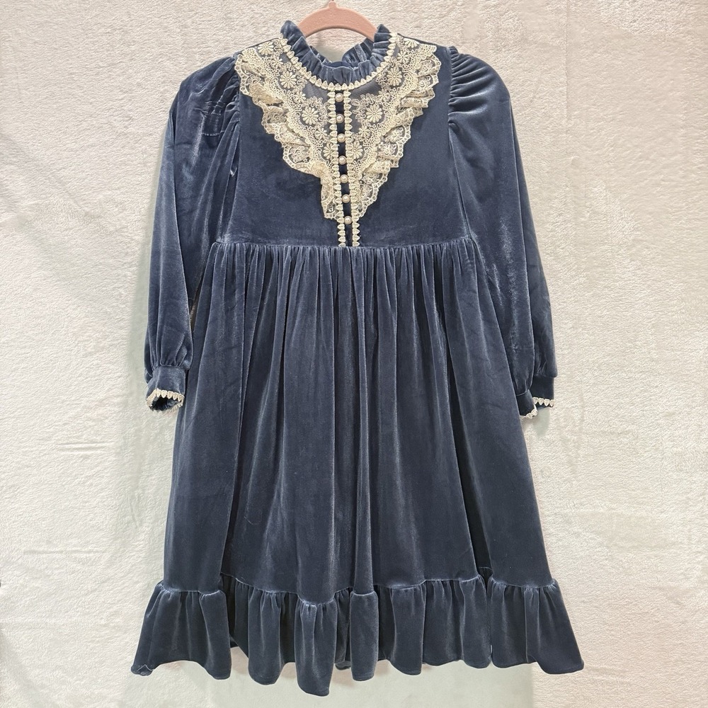 Victorian Regency Dress Girls Mod Formal Ornate Ivory Lace Pearl Button Sz 9/10